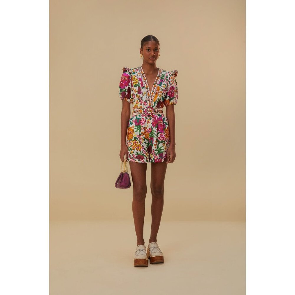 FARM RIO Romper XL Floral Off-White Flowerful Sketch Belted NEW - Picture 16 of 16